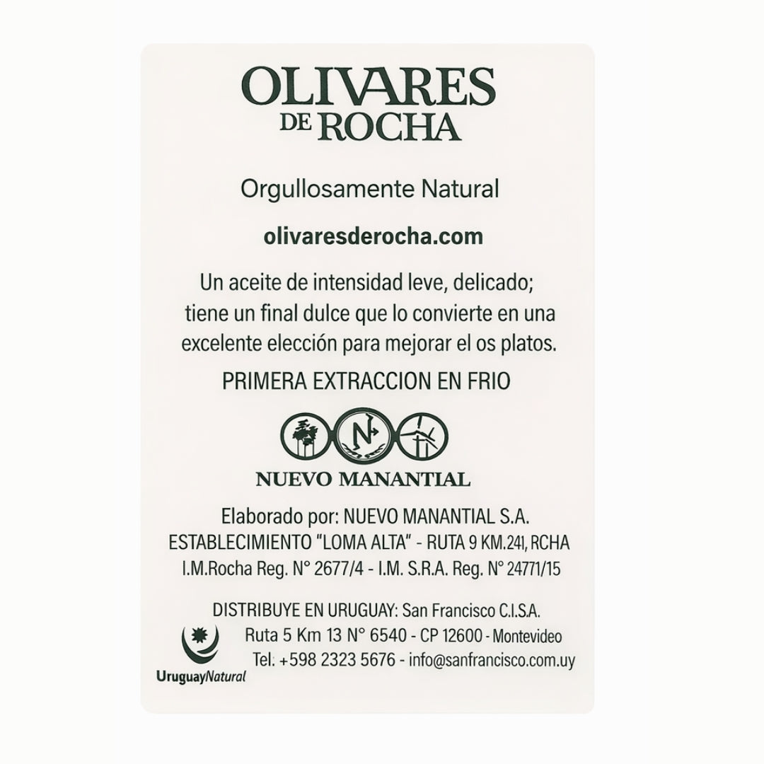 Aceite de oliva virgen Olivares de Rocha Del Viejo Mundo en botella de 3 litros, vista de la etiqueta y envase.