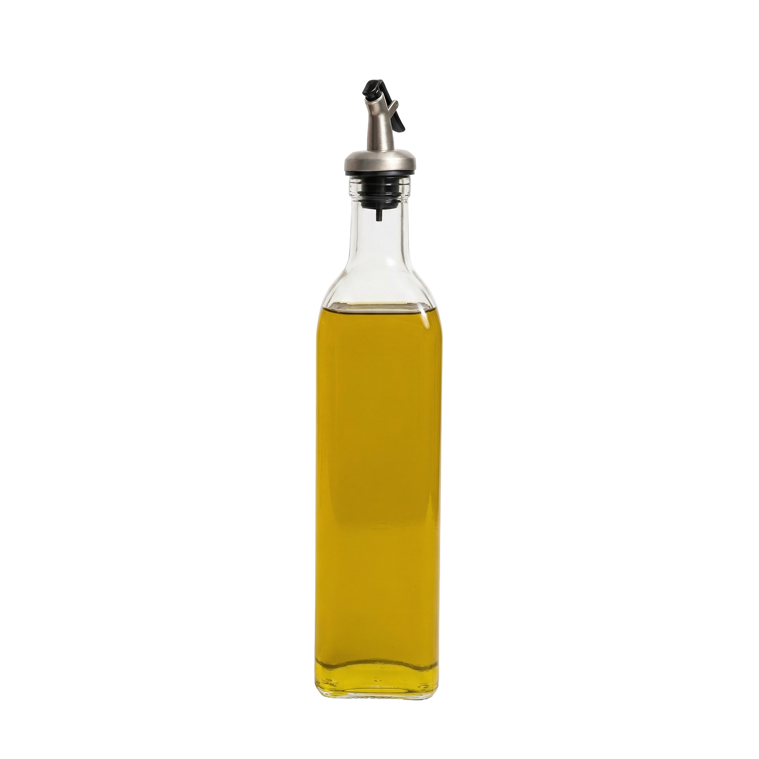 Aceitera de vidrio de 500 ml con pico dosificador de la marca Del Viejo Mundo, visible en la imagen.