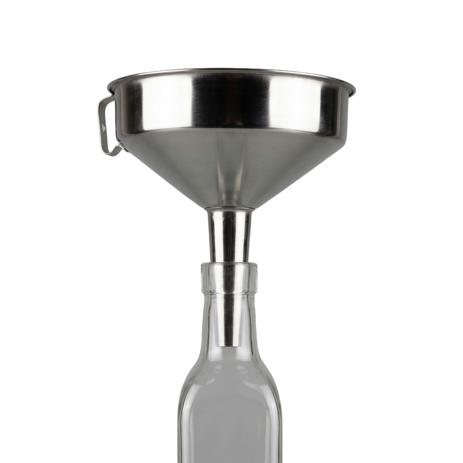 Embudo de metal de la marca Del Viejo Mundo, con forma cónica y mango para vertido fácil y seguro.