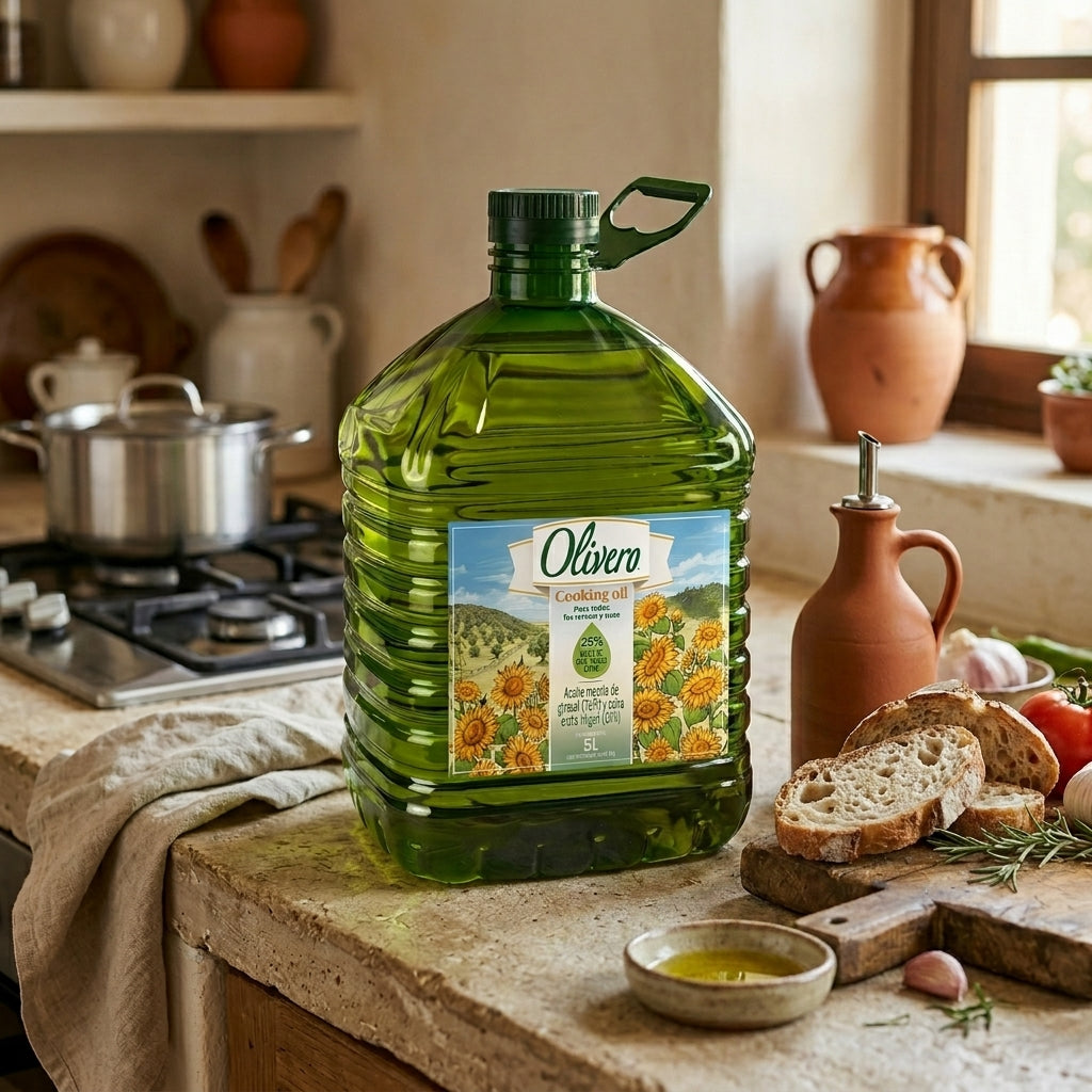 Aceite de oliva virgen extra y girasol Del Viejo Mundo en envase de 5 litros, con botella abierta y vertiendo el aceite en uso